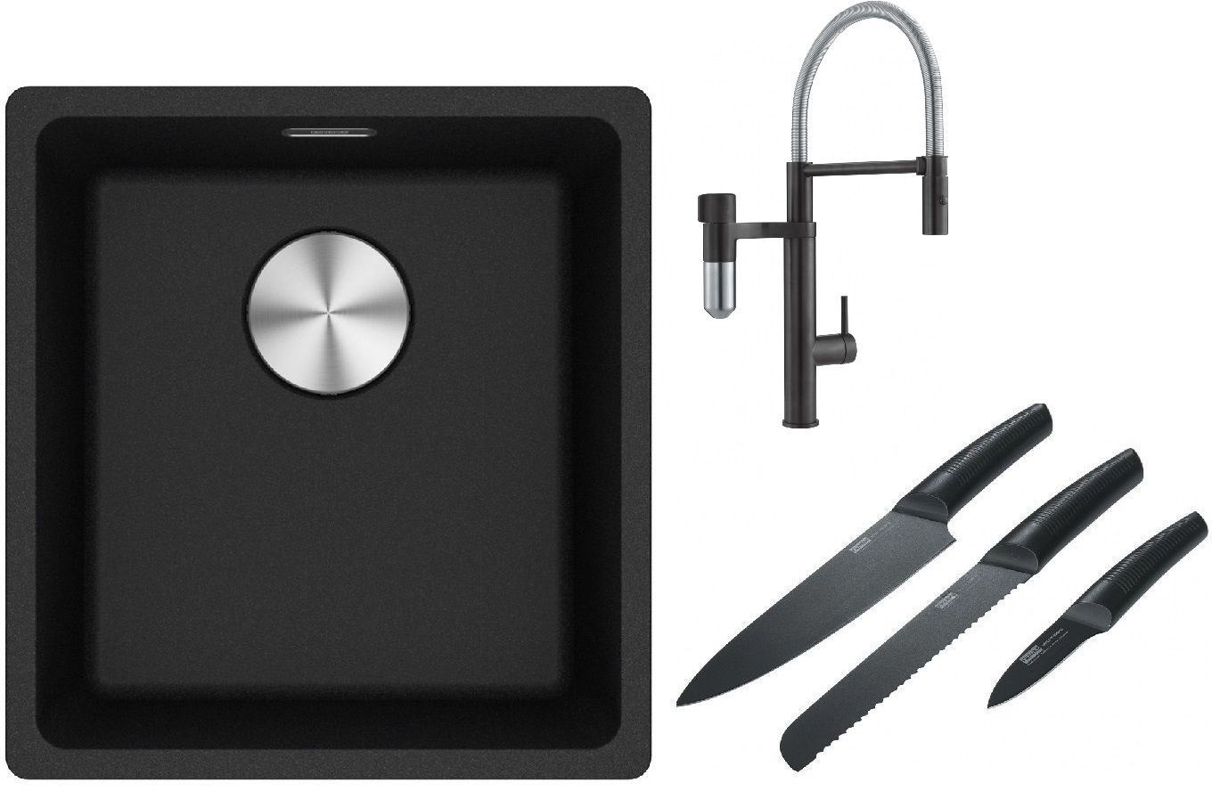 Franke Maris MRG 110-37 zlewozmywak 40x37 cm Fragranite onyx z baterią kuchenną Vital Semi-Pro czarny mat/stal i zestawem noży ...