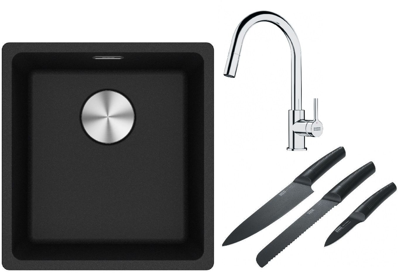 Franke Maris MRG 110-37 zlewozmywak 40x37 cm Fragranite onyx z baterią kuchenną Lina chrom i zestawem noży kuchennych (1250687249, ...