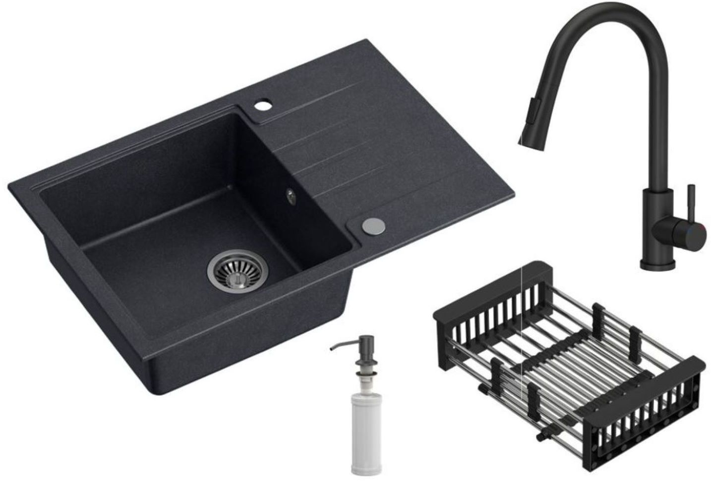 Quadron Comfort 111 zlewozmywak 78x50 cm z baterią i dozownikiem czarny/czarny HCQP7850CZK_3673500BLM
