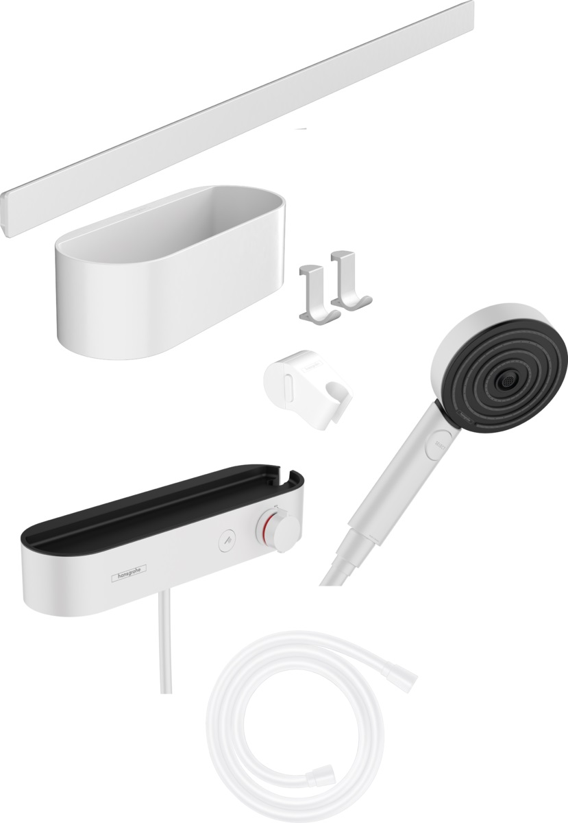 Hansgrohe WallStoris bateria prysznicowa termostatyczna z zestawem natryskowym i półką biały mat 24250700