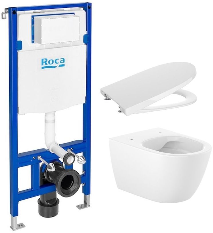 Zestaw Roca Ona miska WC wisząca Rimless Supraglaze biała z deską sedesową wolnoopadającą białą i stelaż podtynkowy do WC Roca ... - Wysyłka w 24h