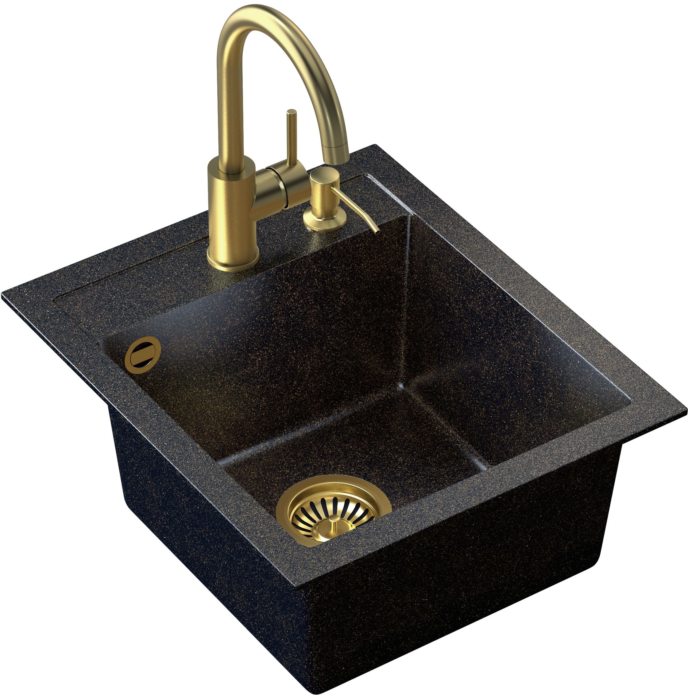 Quadron Johnny 100 zlewozmywak 43x50 cm GraniteQ Art Black Gold z baterią kuchenną Naomi stojącą i dozownikiem złotym ... - Wysyłka w 24h