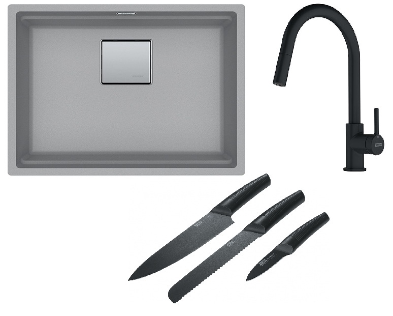 Franke Kanon KNG 110-52 zlewozmywak 52x42 cm Fragranite kamienny szary z baterią kuchenną Lina Pull-Out czarny mat i zestawem noży ... - Wysyłka w 24h