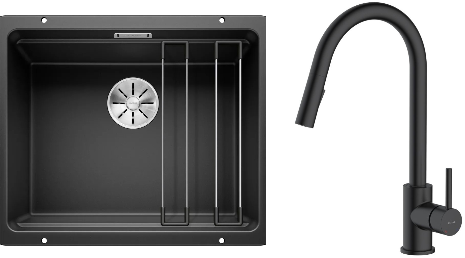Zestaw Blanco Etagon 500-U zlewozmywak granitowy 53x46 cm z baterią kuchenną Oltens Litla czarny mat (35204300, 525887) - Wysyłka w 24h