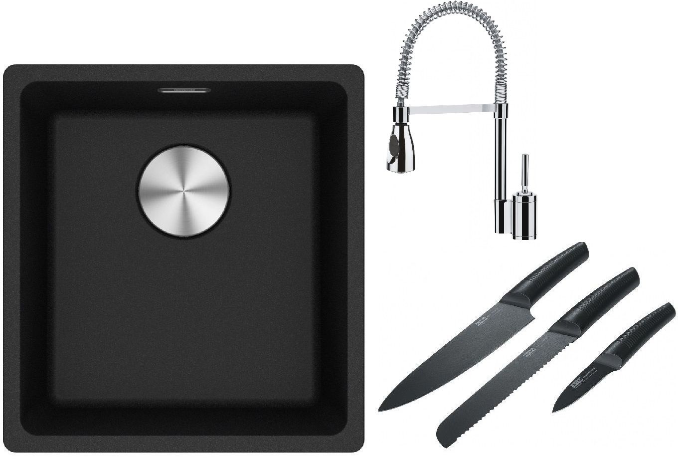 Franke Maris MRG 110-37 zlewozmywak 40x37 cm Fragranite onyx z baterią kuchenną Sentinel chrom i zestawem noży kuchennych (1250687249, ...
