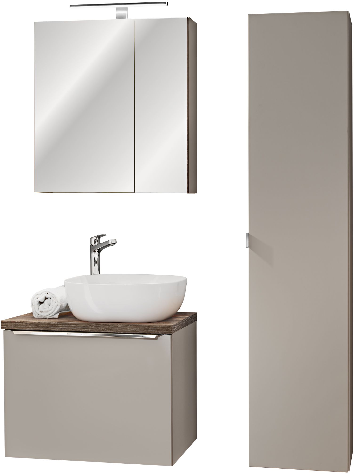 Zestaw meblowy Santa Fe Taupe szafka podumywalkowa 60 cm z blatem, umywalką, szafką boczna i szafką z lustrem SET-SFT B 60CM UN 6252 A1