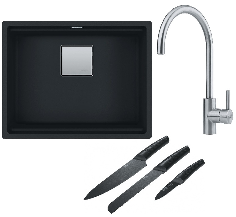 Franke Kanon KNG 110-52 zlewozmywak 52x42 cm Fragranite czarny mat z baterią kuchenną Eos Neo stal szlachetna i zestawem noży kuchennych ... - Wysyłka