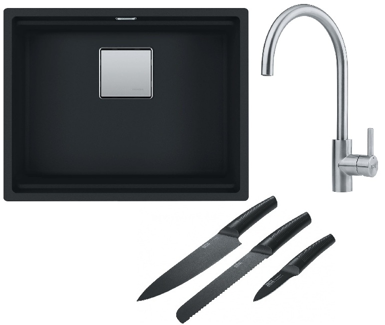Franke Kanon KNG 110-52 zlewozmywak 52x42 cm Fragranite czarny mat z baterią kuchenną Lina Pull-Out czarny mat i zestawem noży ... - Wysyłka w 24h