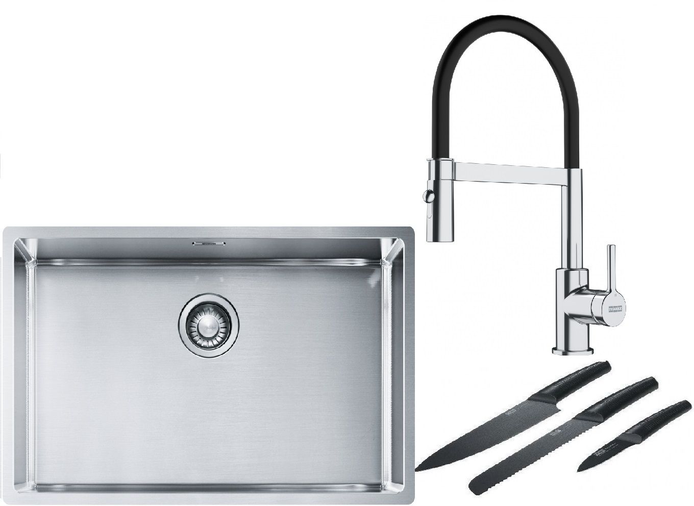 Franke Box BXX 210/110-68 zlewozmywak 72,5x45 cm stalowy z baterią kuchenną Lina chrom/czarny i zestawem noży kuchennych (1270453658, ... - Wysyłka w 