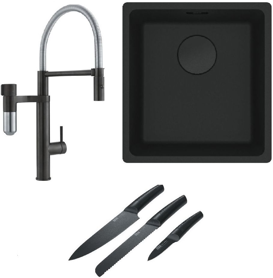 Franke Maris MRG 110-37 zlewozmywak 40x37 cm Fragranit + czarny mat z baterią kuchenną Vital Semi-Pro czarny mat/stal i zestawem noży ... - Wysyłka w 