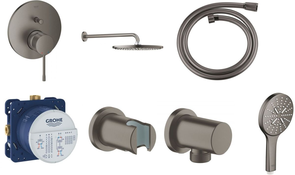 Zestaw Grohe Essence bateria podtynkowa z deszczownicą i zestawem prysznicowym grafit (24058AL1, 26066AL0, 28362A00, 27074AL0, 35600000, ...
