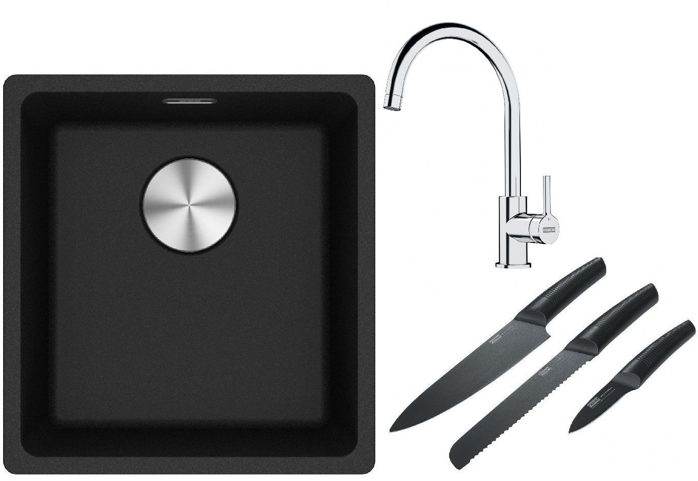 Franke Maris MRG 110-37 zlewozmywak 40x37 cm Fragranite onyx z baterią kuchenną Lina chrom i zestawem noży kuchennych (1250687249, ...
