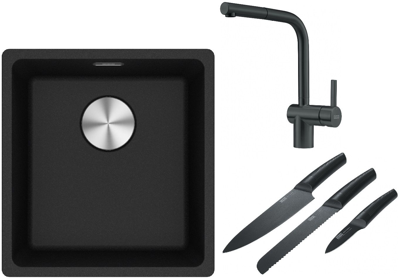 Franke Maris MRG 110-37 zlewozmywak 40x37 cm Fragranite onyx z baterią kuchenną Atlas czarna stal szlachetna i zestawem noży kuchennych ...