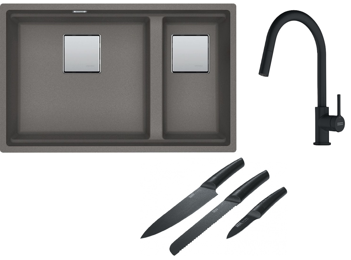 Franke Kanon KNG 120 zlewozmywak 76x46 cm Fragranite kamienny szary z baterią kuchenną Lina Pull-Out czarny mat i zestawem noży ...
