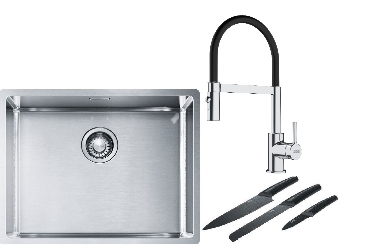Franke Box BXX 110-54/ BXX 210-54 zlewozmywak 58x45 cm stalowy z baterią kuchenną Lina chrom/czarny i zestawem noży kuchennych ... - Wysyłka w 24h