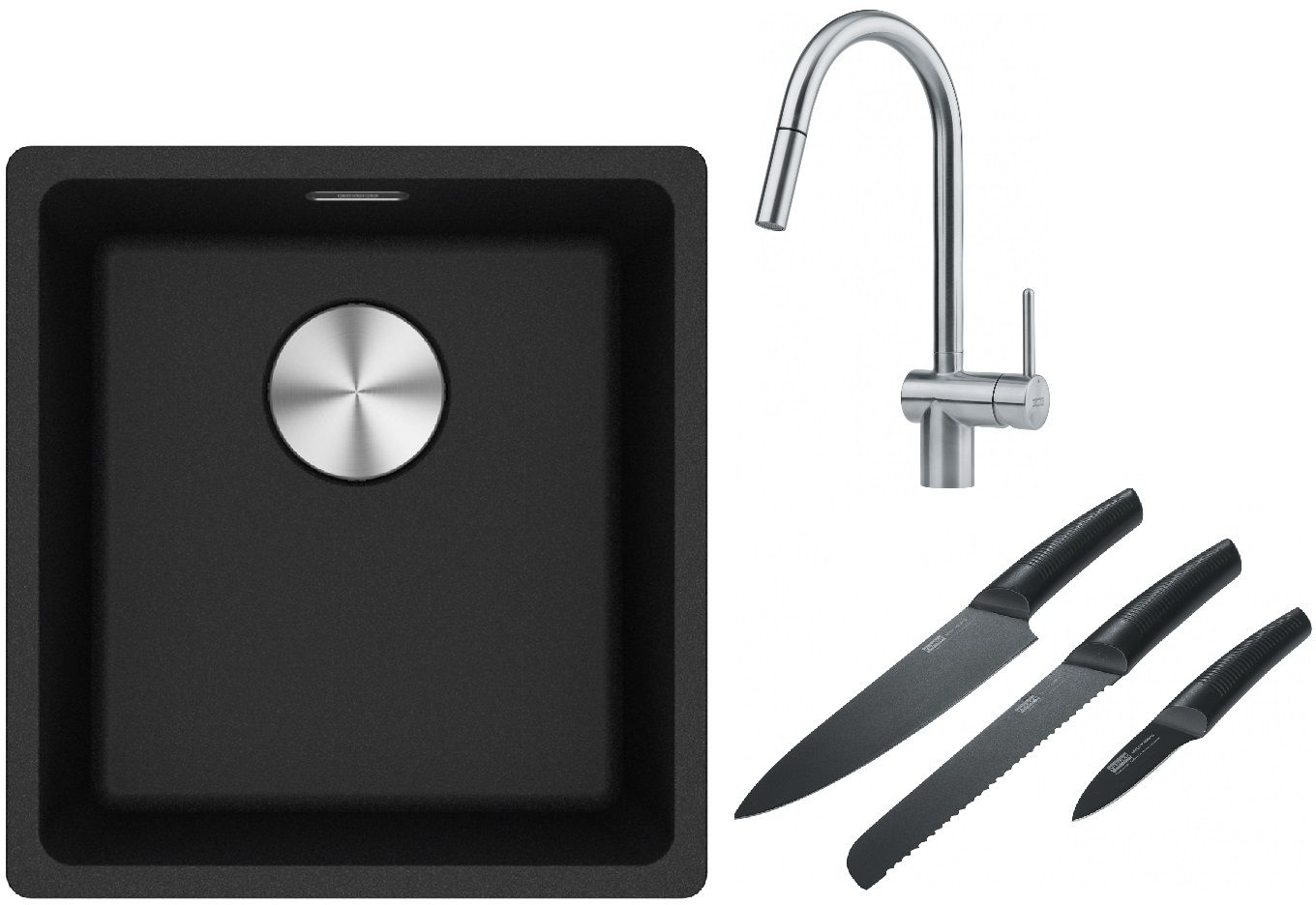 Franke Maris MRG 110-37 zlewozmywak 40x37 cm Fragranite onyx z baterią kuchenną Leda Neo stal szlachetna i zestawem noży kuchennych ...