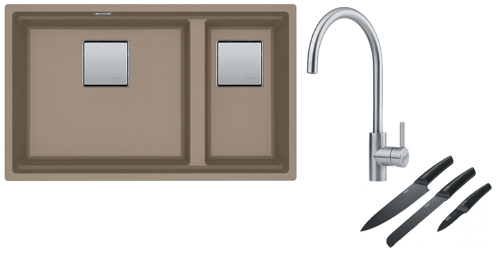 Franke Kanon KNG 120 zlewozmywak 76x46 cm Fragranite cappuccino z baterią kuchenną Eos Neo stal szlachetna i zestawem noży kuchennych ... - Wysyłka w 