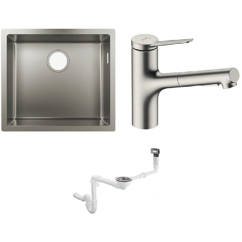 Zestaw Hansgrohe S71 S719-U500 zlewozmywak stalowy z baterią kuchenną Zesis M44 i syfon (43427800, 74800800, 43921800)