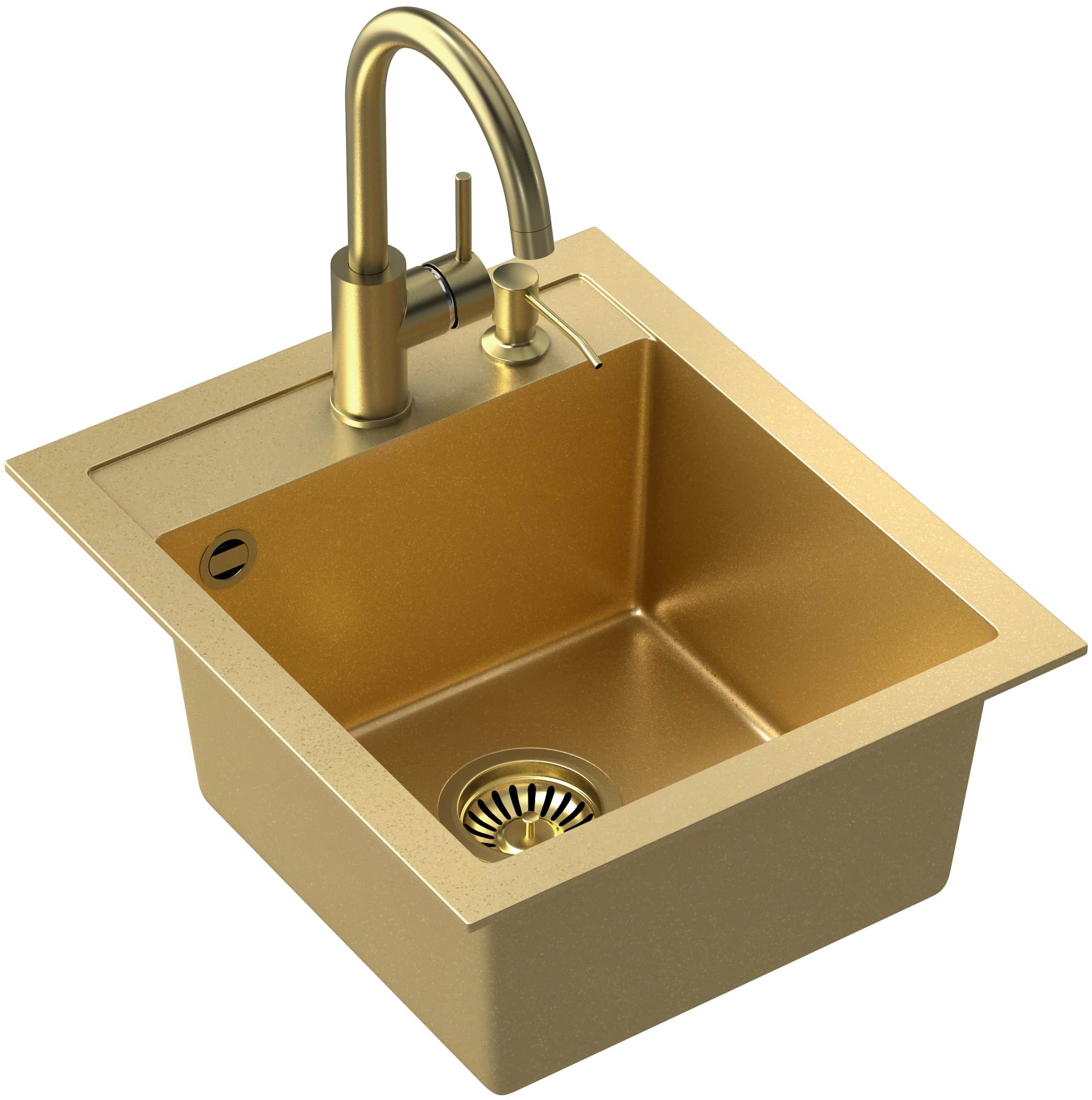 Quadron Johnny 100 zlewozmywak 43x50 cm GraniteQ Art Gold z baterią kuchenną Naomi stojącą i dozownikiem złotym ... - Wysyłka w 24h