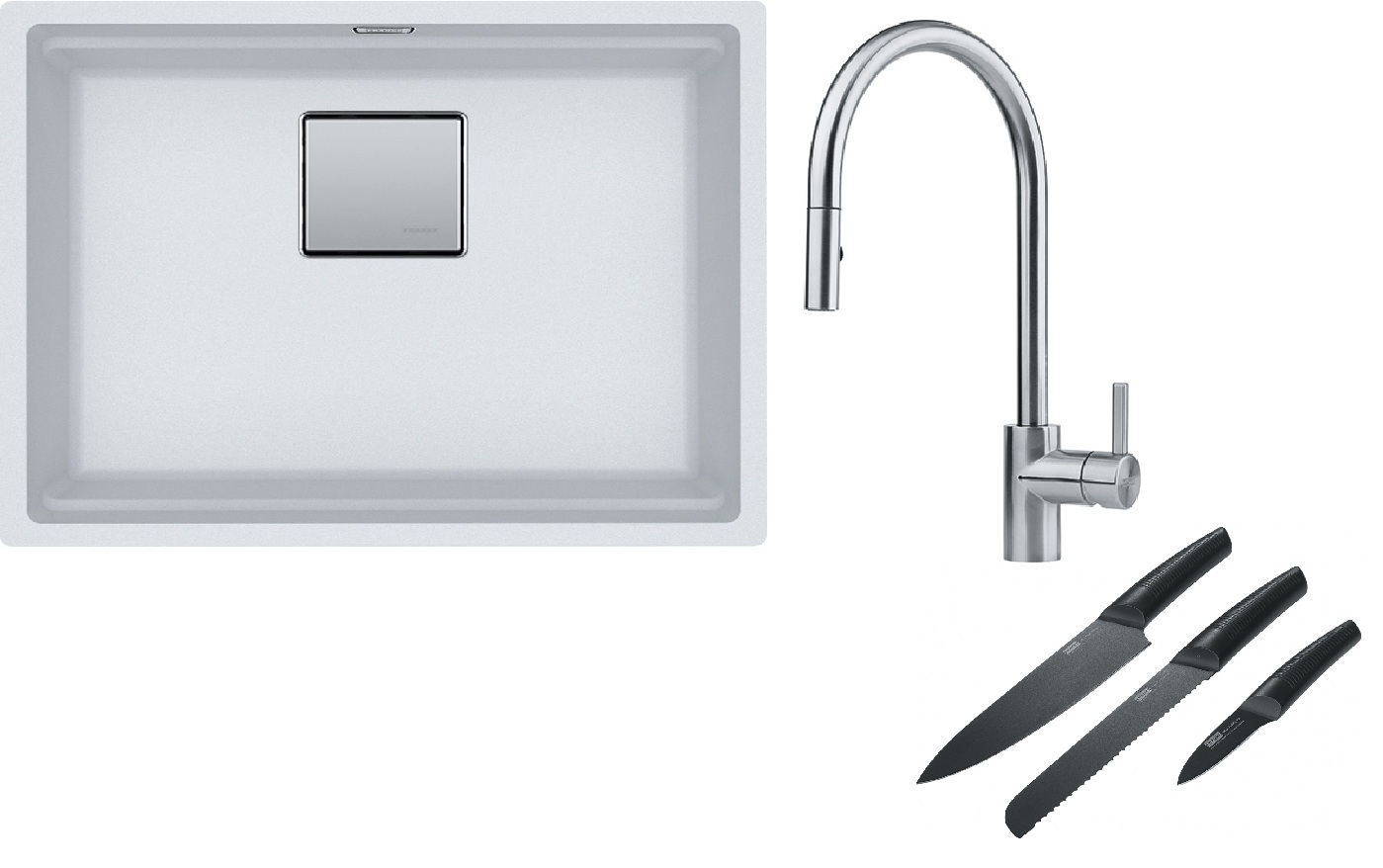 Franke Kanon KNG 110-52 zlewozmywak 52x42 cm Fragranite biały polarny z baterią kuchenną Eos Neo stal szlachetna i zestawem noży ... - Wysyłka w 24h