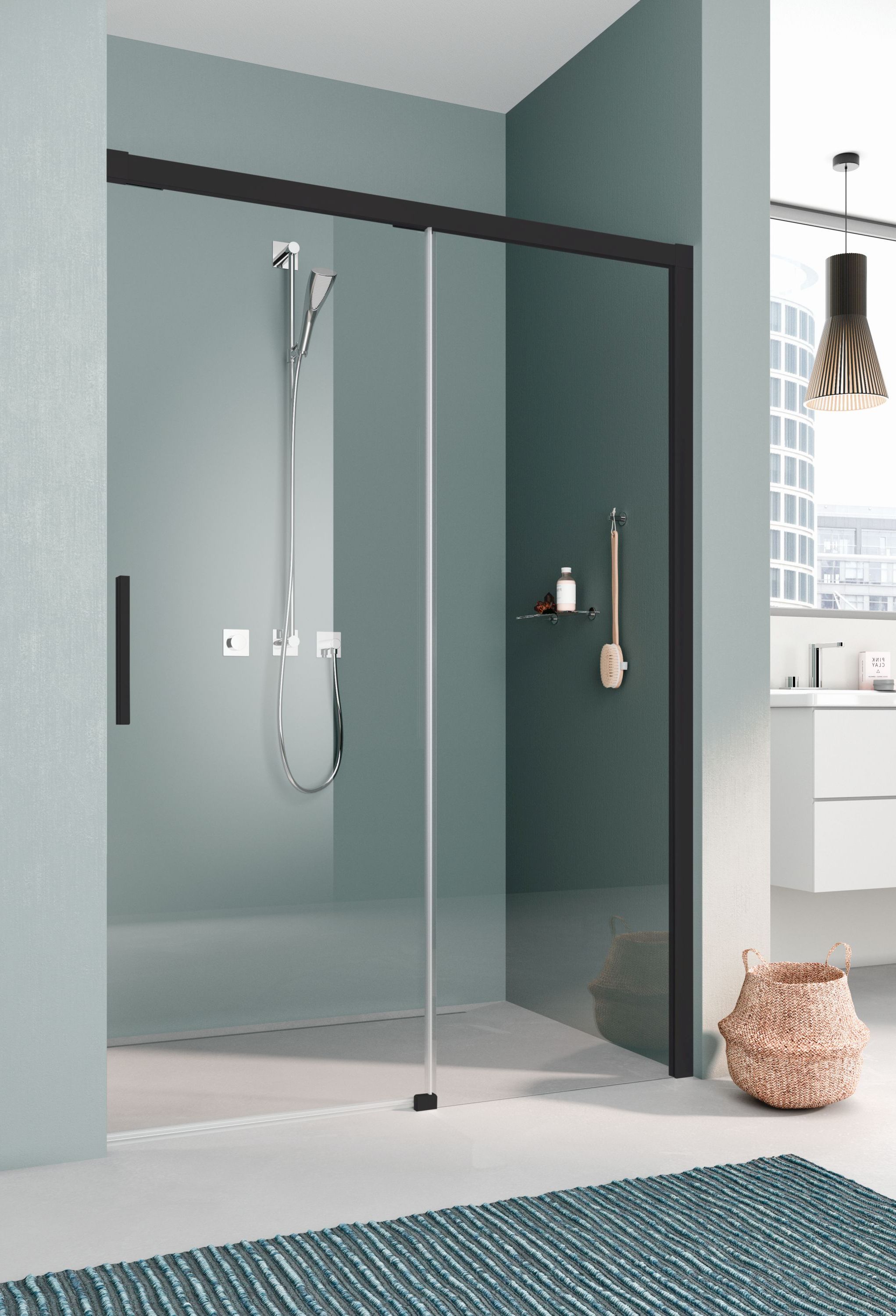 Kermi Nica NI L2L drzwi prysznicowe 130 cm wnękowe prawe czarny soft/szkło przezroczyste NIL2R130203PK