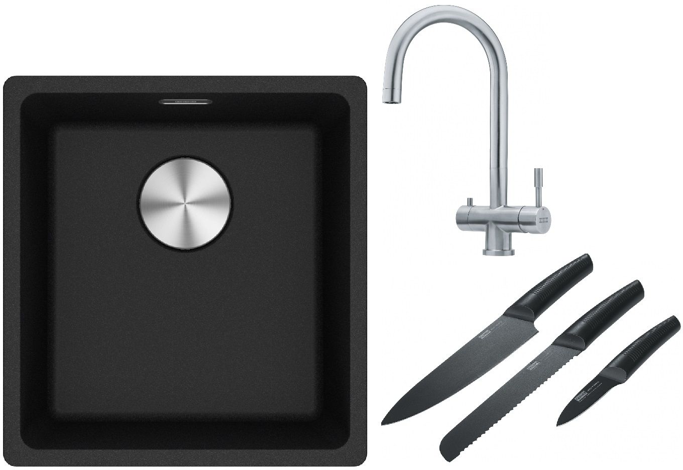 Franke Maris MRG 110-37 zlewozmywak 40x37 cm Fragranite onyx z baterią kuchenną Eos stal szlachetna i zestawem noży kuchennych ...