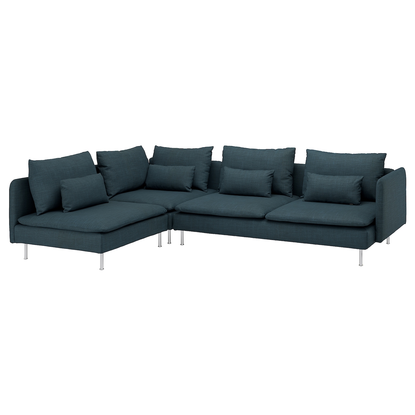 IKEA SÖDERHAMN sofa narożna 4-osobowa, z otwartym końcem/Hillared granatowy, Wysokość z poduchami oparcia: 83 cm