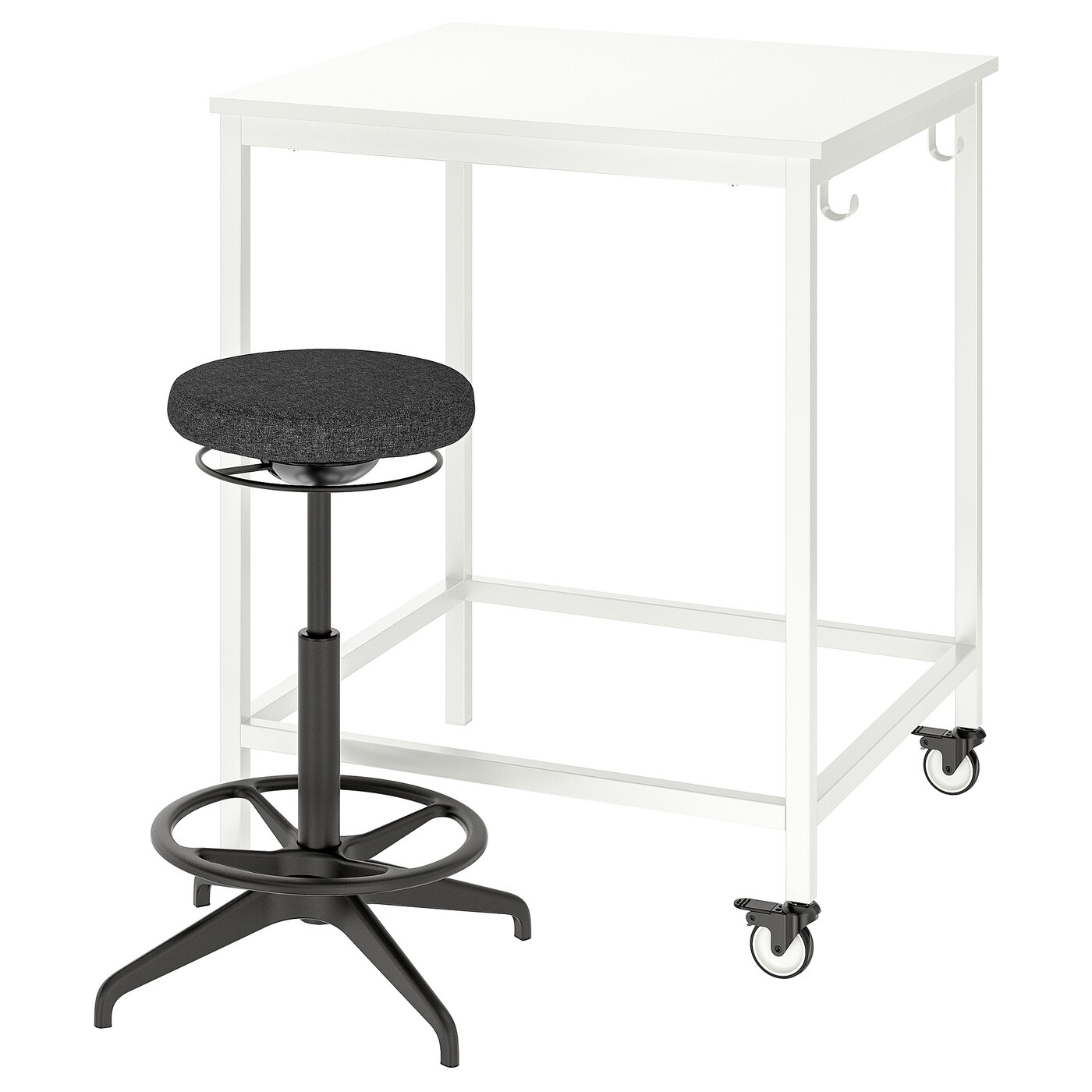 IKEA TROTTEN/LIDKULLEN stół + stołek do siedzenia/stania, biały/ciemnoszary