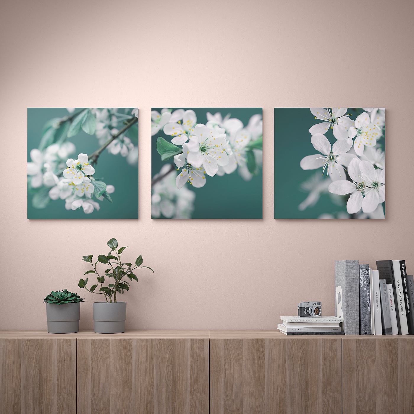 IKEA PJÄTTERYD obraz, 3 szt, kwiat wiśni/biały, 56x56 cm