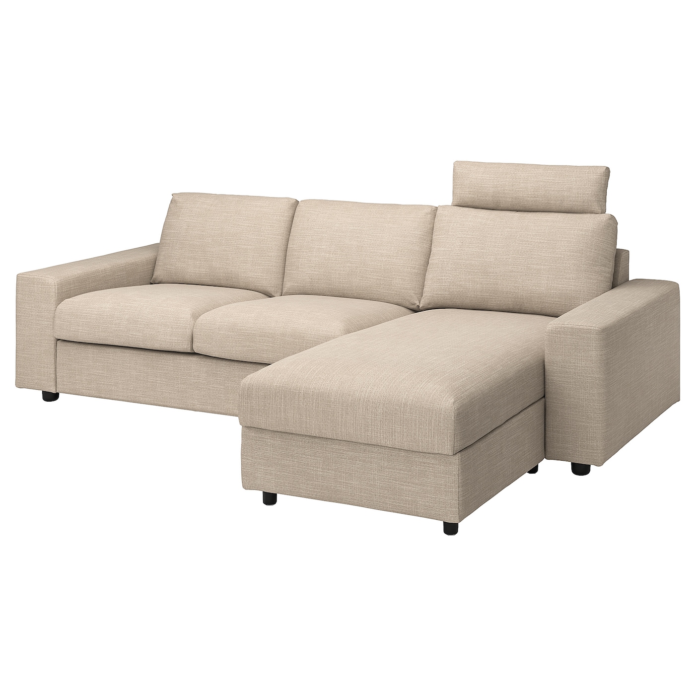 IKEA VIMLE sofa 3-osobowa z szezlongiem, z szerokimi podłokietnikami z zagłówkiem/Hillared beżowy, Wysokość z zagłówkiem: 103 cm