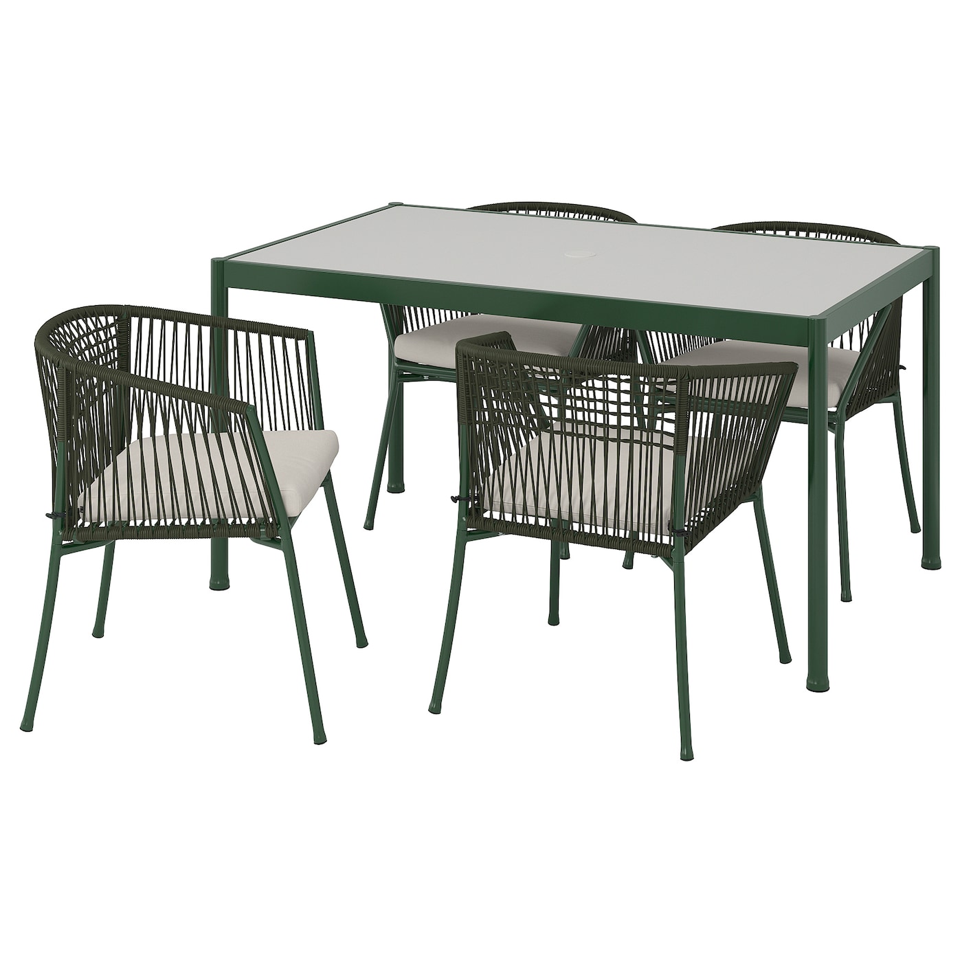 IKEA SEGERÖN stół + 4 krzesła z podłokietnikami, Segerön zewnętrzne ciemnozielony/Frösön/Duvholmen beżowy, 147 cm