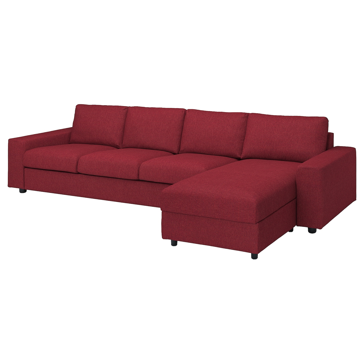 IKEA VIMLE sofa 4-osobowa z szezlongiem, z szerokimi podłokietnikami/Lejde czerwony/brązowy, Wysokość z poduchami oparcia: 83 cm