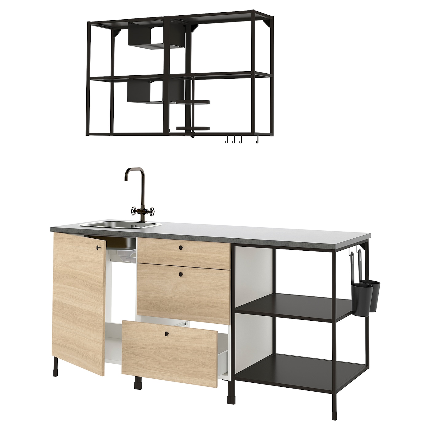 IKEA ENHET kuchnia, antracyt/imit. dębu, 183x63.5x222 cm