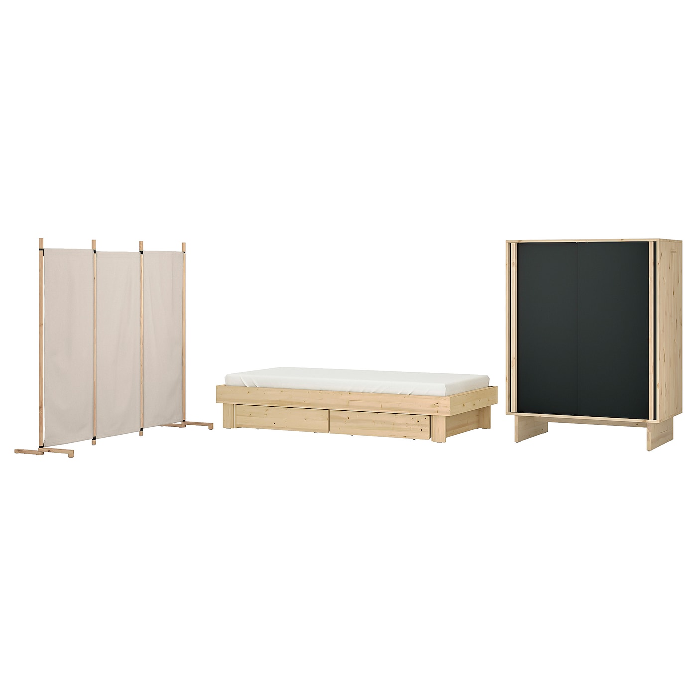 IKEA GLAMBERGET zestaw mebli do sypialni 3 szt, sosna/Katorp beżowy, 80-160x200 cm