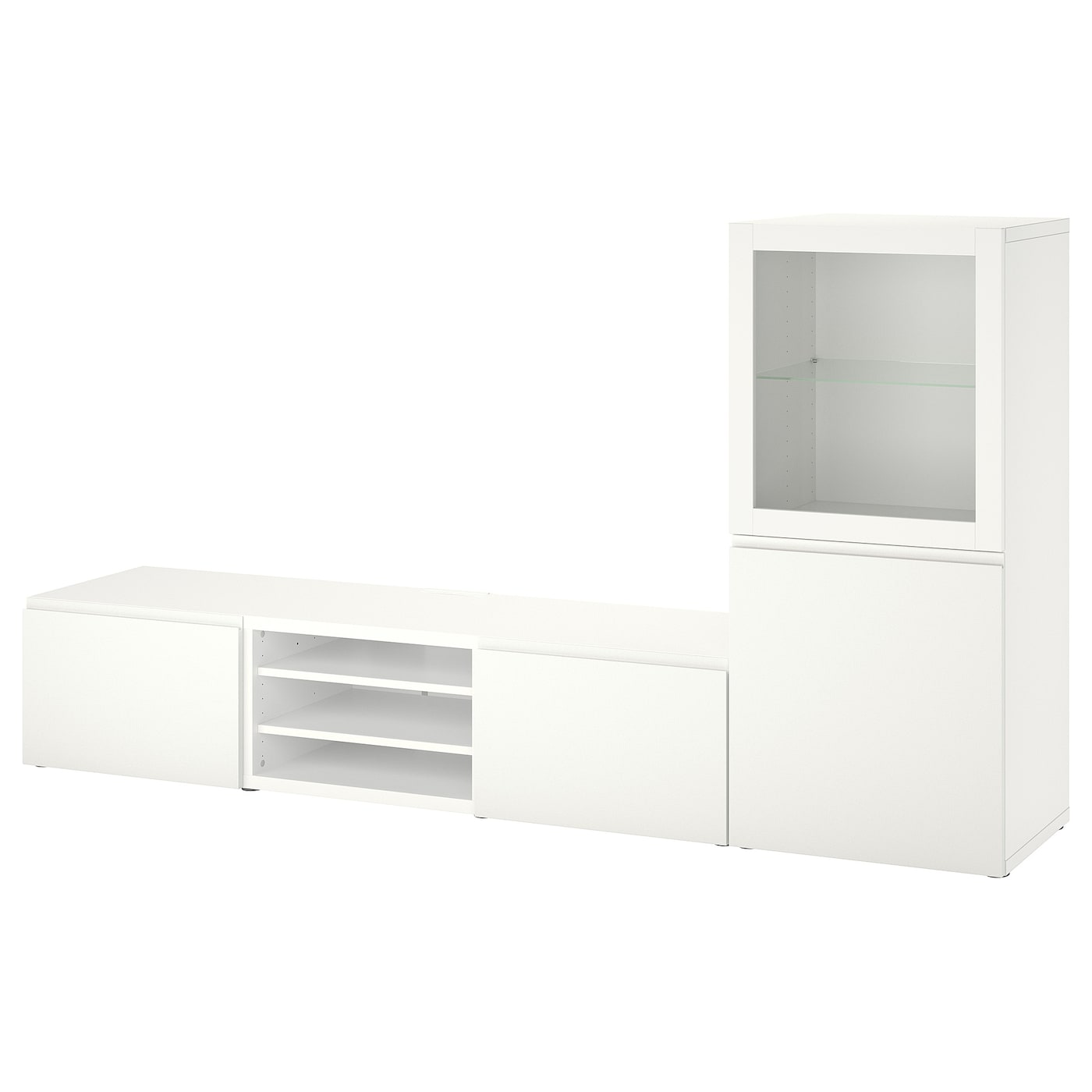 IKEA BESTÅ kombinacja na TV/szklane drzwi, biały/Västerviken białe szkło przezroczyste, 240x42x129 cm