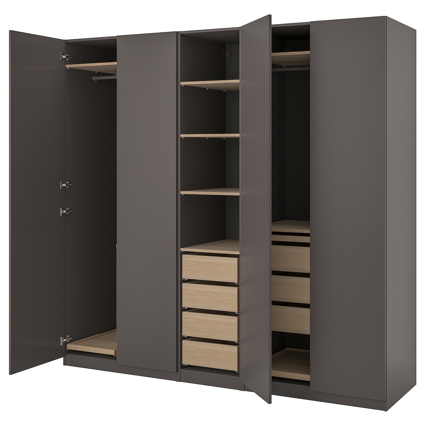 IKEA PAX / FORSAND kombinacja szafy, ciemnoszary/imitacja dębu bejcowanego na biało ciemnoszary, 250x60x236 cm