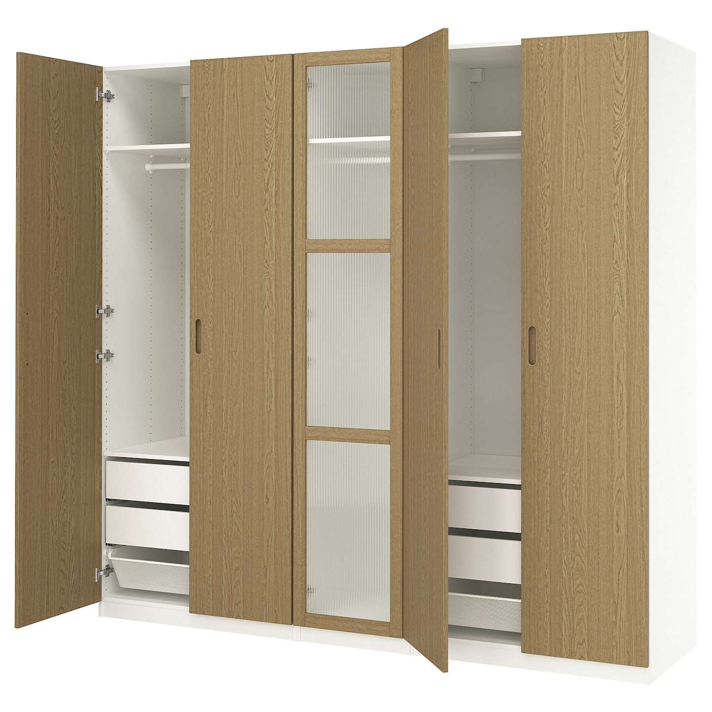 IKEA PAX / TONSTAD kombinacja szafy, biały/okl dęb szkło, 250x60x236 cm
