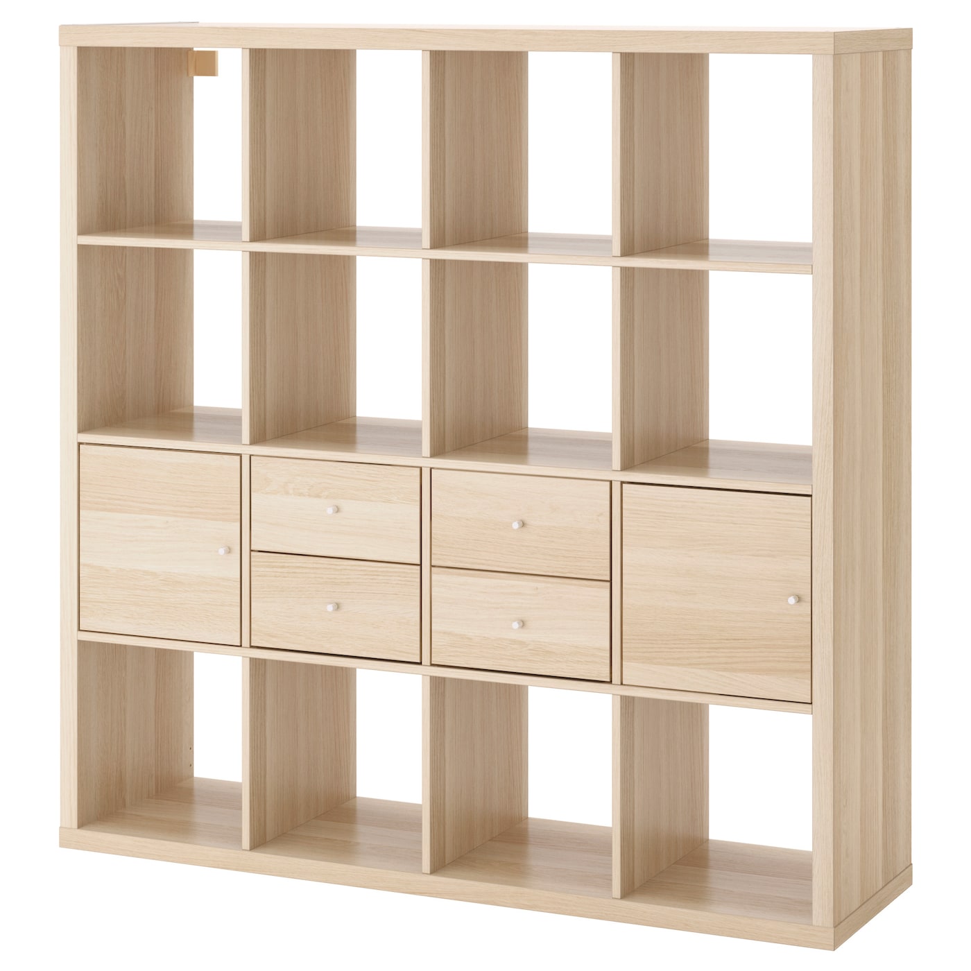 IKEA KALLAX regał z 4 wkładami, imitacja dębu bejcowanego na biało, 147x147 cm