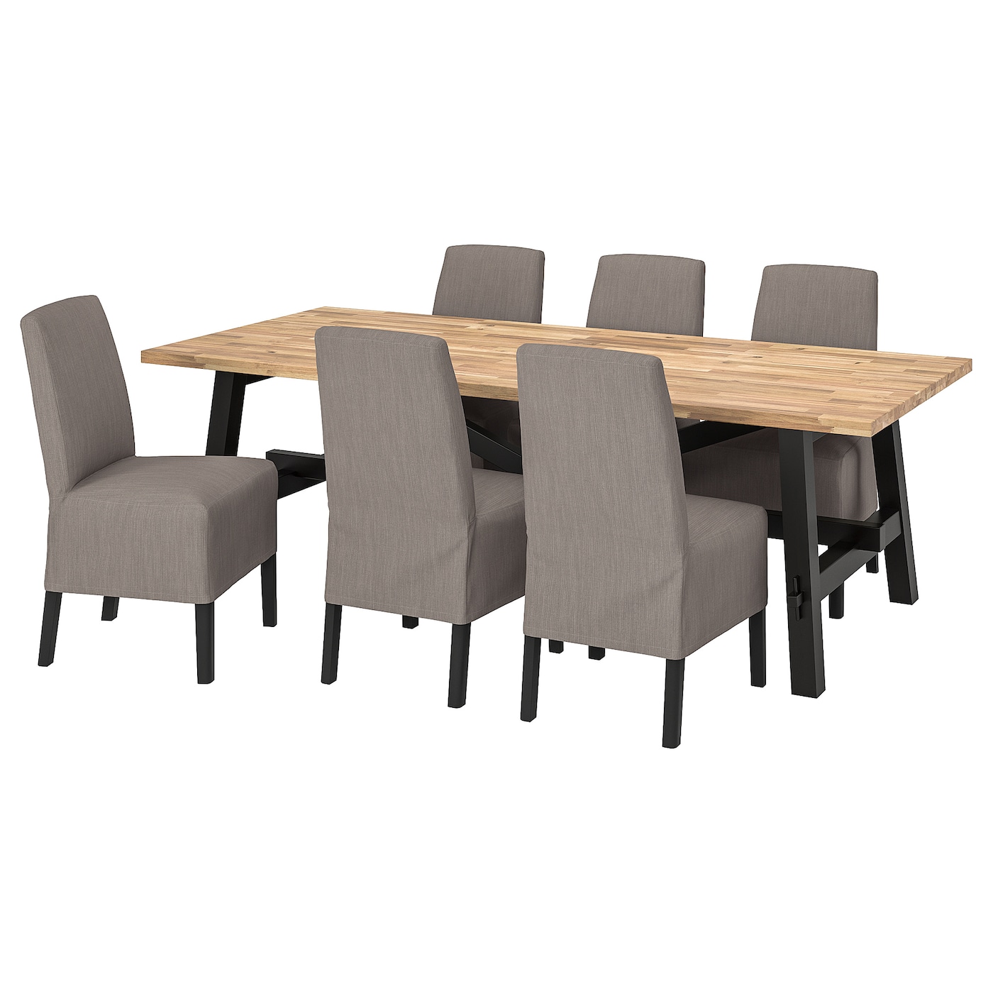 IKEA SKOGSTA / BERGMUND stół i 6 krzeseł, akacja/Nolhaga szary/beż, 235x100 cm