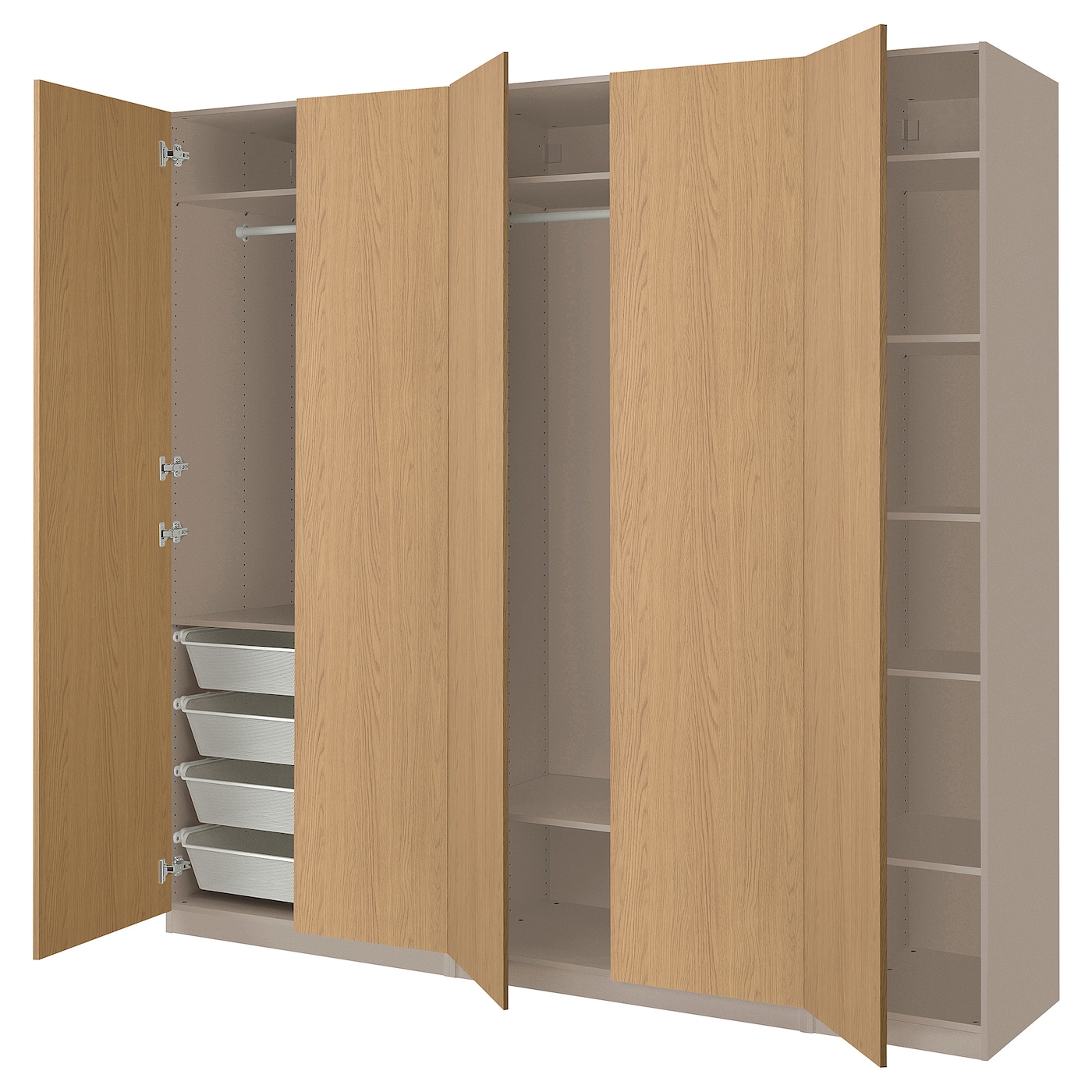 IKEA PAX / STORKLINTA kombinacja szafy, szarobeżowy/imit. dębu, 250x60x236 cm