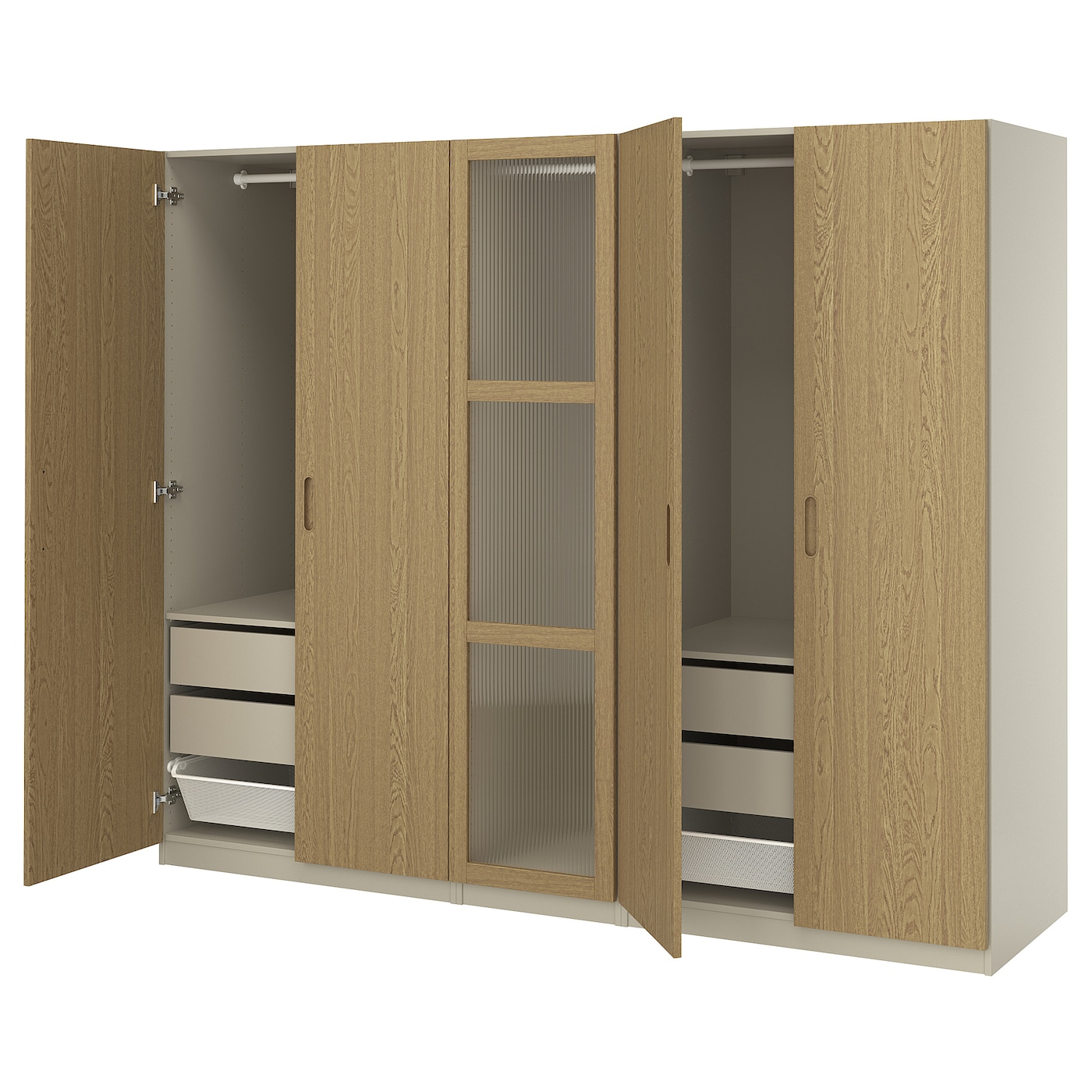 IKEA PAX / TONSTAD kombinacja szafy, szarobeżowy/okl dęb szkło, 250x60x201 cm