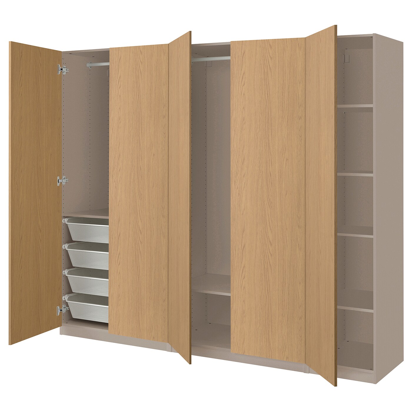 IKEA PAX / STORKLINTA kombinacja szafy, szarobeżowy/imit. dębu, 250x60x201 cm