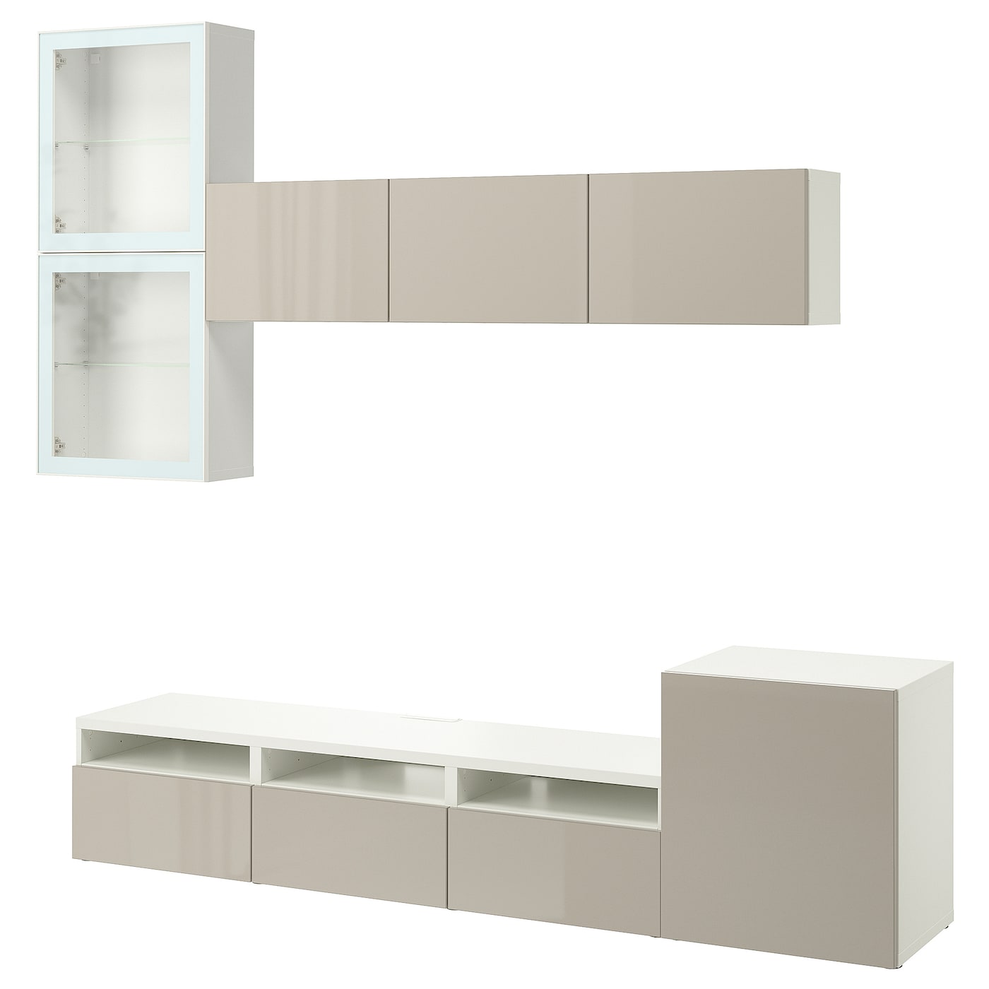 IKEA BESTÅ kombinacja na TV/szklane drzwi, biały/Selsviken wysoki połysk/ beż szkło bezbarwne, 300x42x211 cm