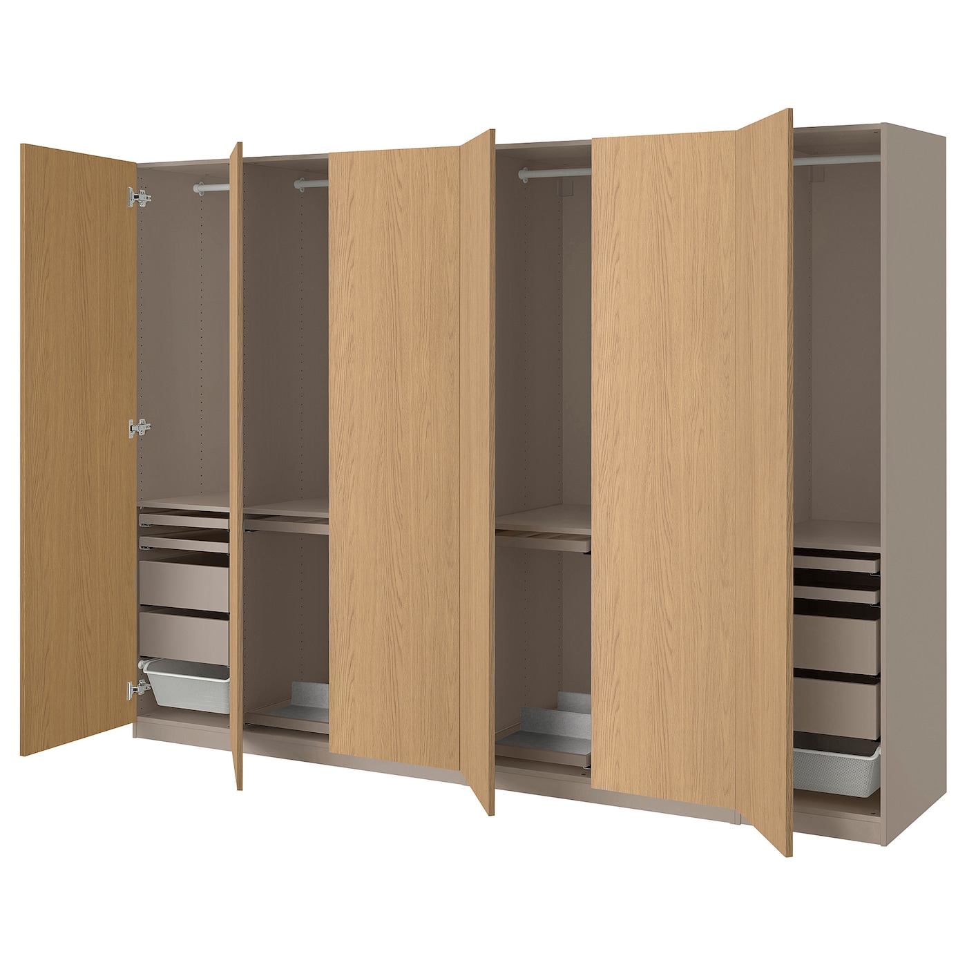 IKEA PAX / STORKLINTA kombinacja szafy, szarobeżowy/imit. dębu, 300x60x201 cm