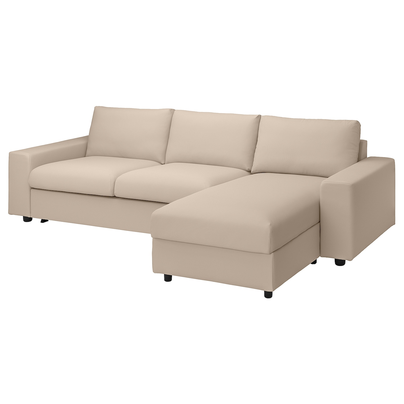 IKEA VIMLE 3-os sofa rozkładana z szezlongiem, z szerokimi podłokietnikami/Hallarp beżowy, Wysokość łóżka: 53 cm