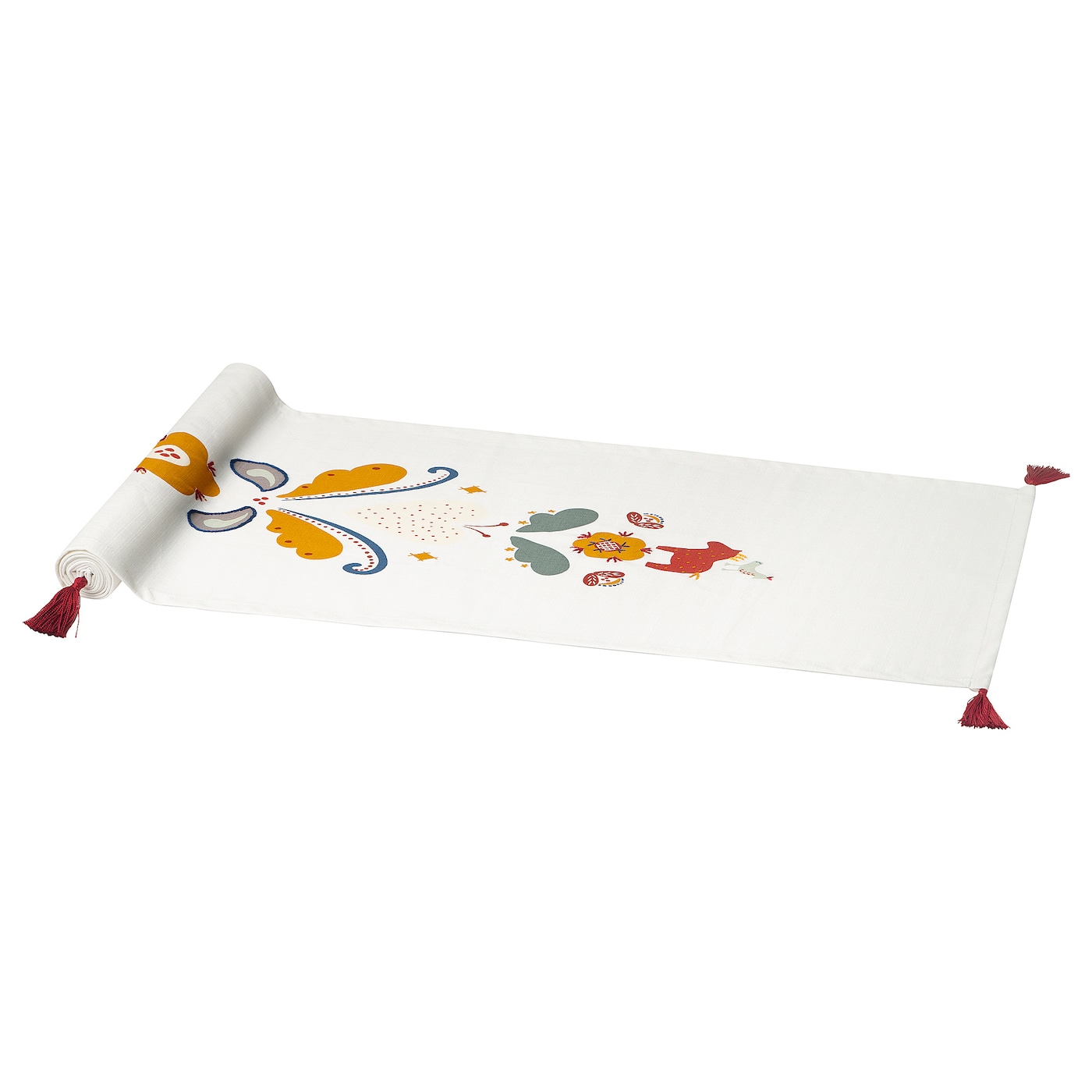 IKEA MÄVINN Bieżnik, biały czerwony/frędzel, 35x130 cm