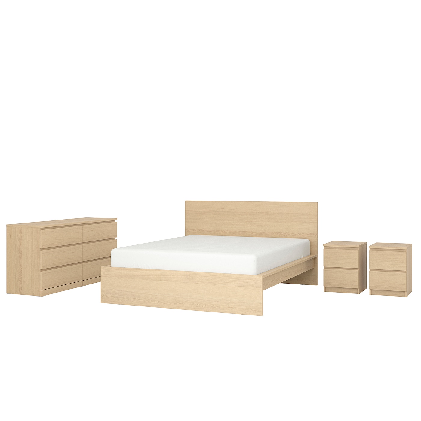 IKEA MALM zestaw mebli do sypialni 4 szt, okleina dębowa bejcowana na biało, 140x200 cm