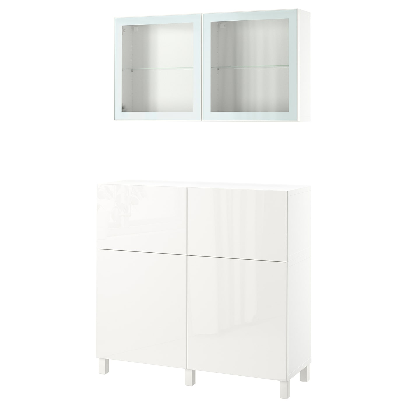 IKEA BESTÅ kombinacja regałowa z drzw/szuf, biały/Selsviken/Stubbarp wysoki połysk biały szkło bezbarwne, 120x42x213 cm