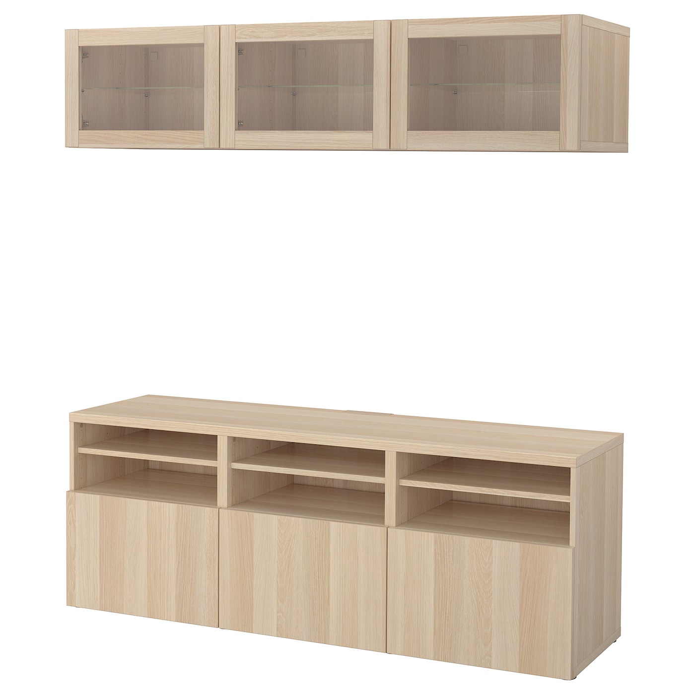 IKEA BESTÅ kombinacja na TV/szklane drzwi, imitacja dębu bejcowanego na biało/Lappviken dąb bejcowany biało szk bezbarwne, 180x42x192 cm