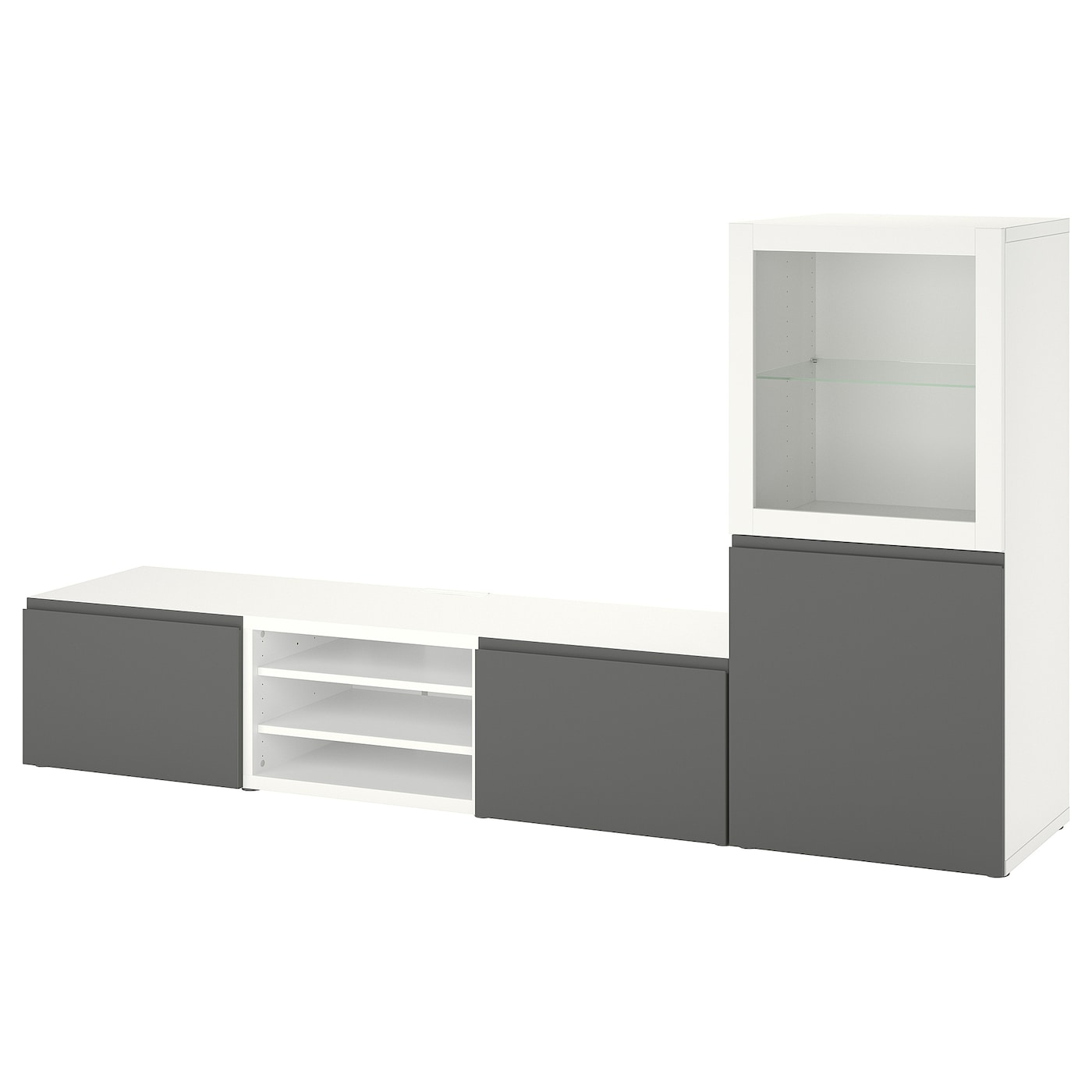 IKEA BESTÅ kombinacja na TV/szklane drzwi, biały Sindvik/Västerviken szary, 240x42x129 cm